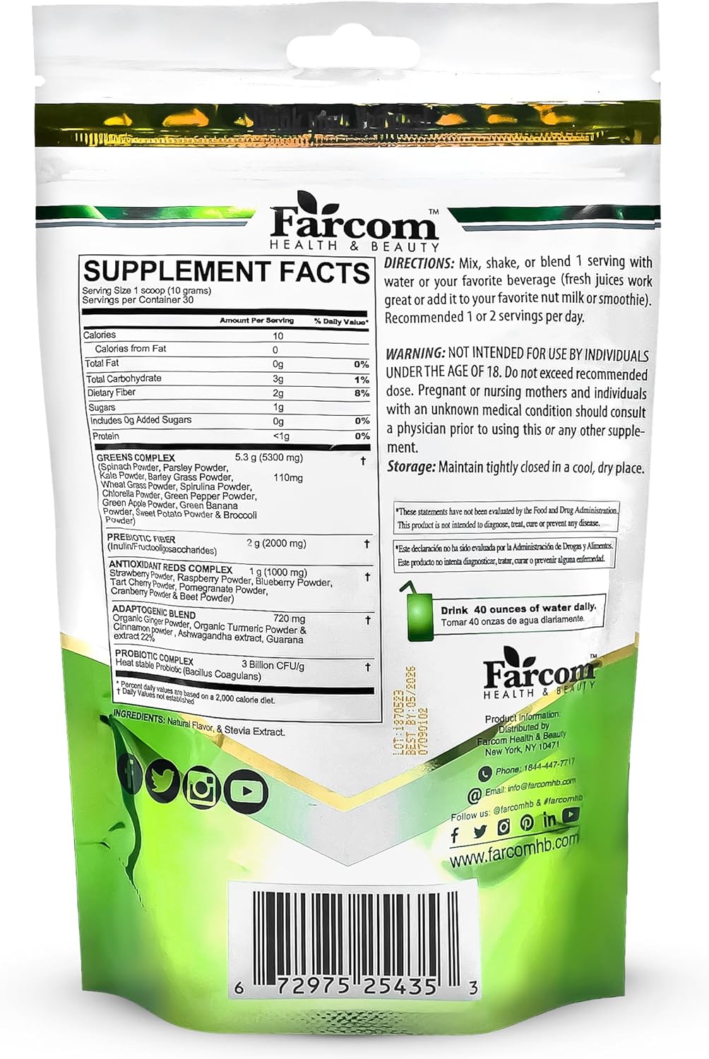 Farcom Superfood Green Juice Powder - 21+ Super Greens, Adaptogens, Prebiotics, Probiotics - Detox, Energy, Immune Support - Vegan, Gluten-Free