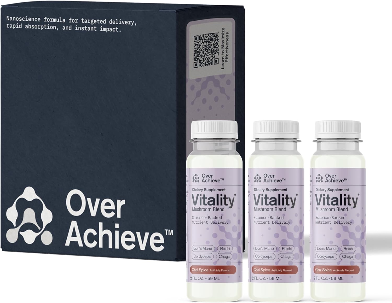 Fast-Acting Mushroom Supplement Drink for Adults, Vitality Blend with Cordyceps, Reishi, Chaga, Lion’s Mane, Ashwagandha, Chai Spice Flavor, 2 fl oz (3 Pack)