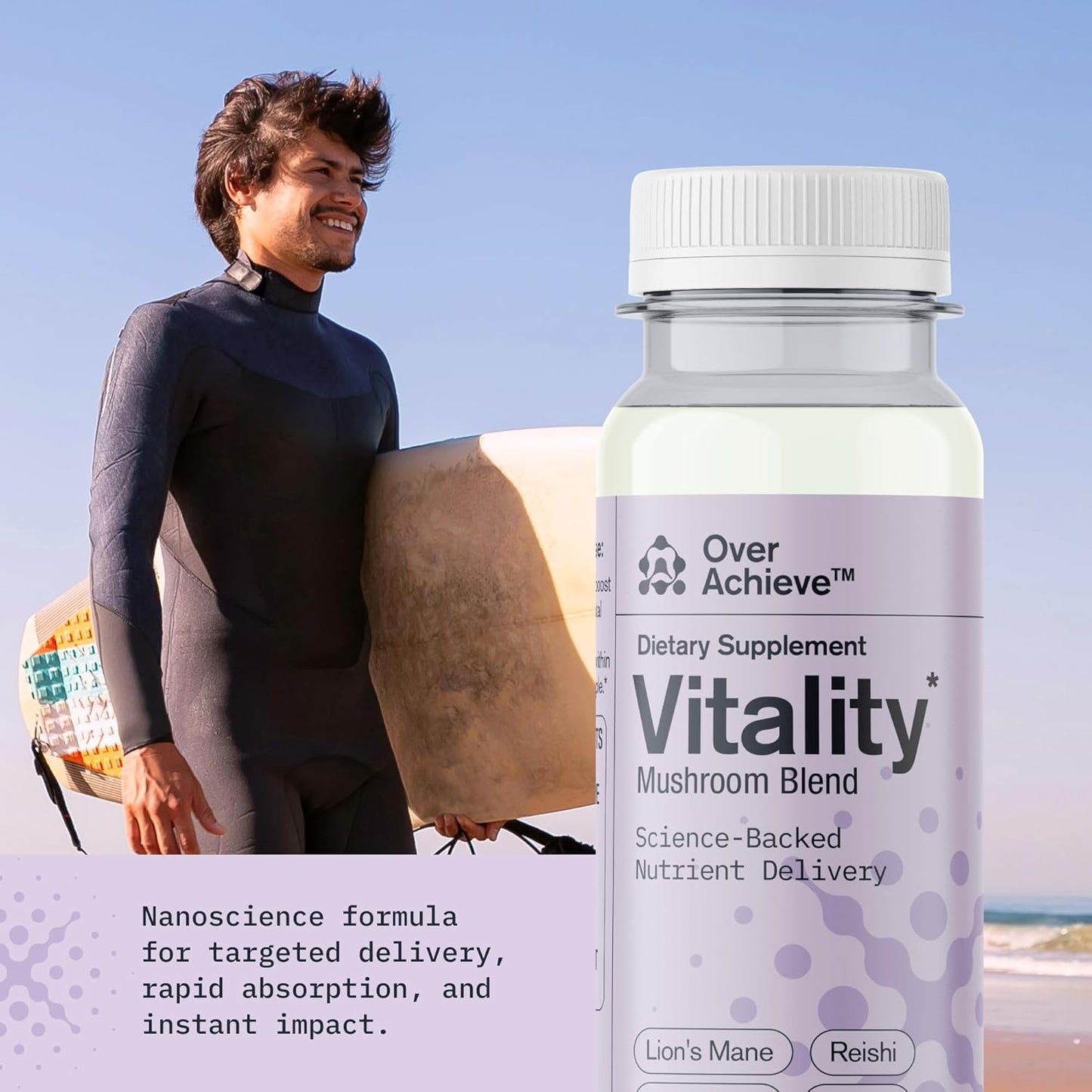 Fast-Acting Mushroom Supplement Drink for Adults, Vitality Blend with Cordyceps, Reishi, Chaga, Lion’s Mane, Ashwagandha, Chai Spice Flavor, 2 fl oz (3 Pack)