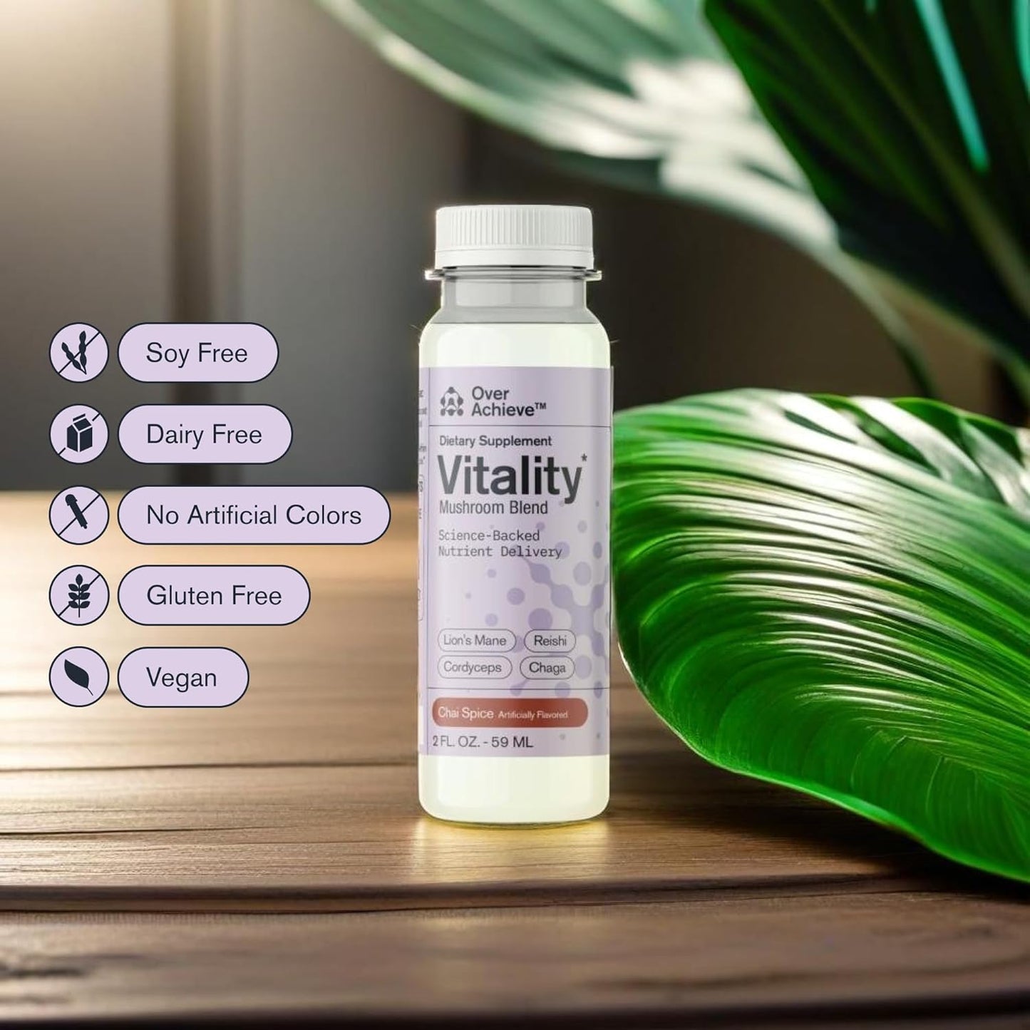 Fast-Acting Mushroom Supplement Drink for Adults, Vitality Blend with Cordyceps, Reishi, Chaga, Lion’s Mane, Ashwagandha, Chai Spice Flavor, 2 fl oz (3 Pack)