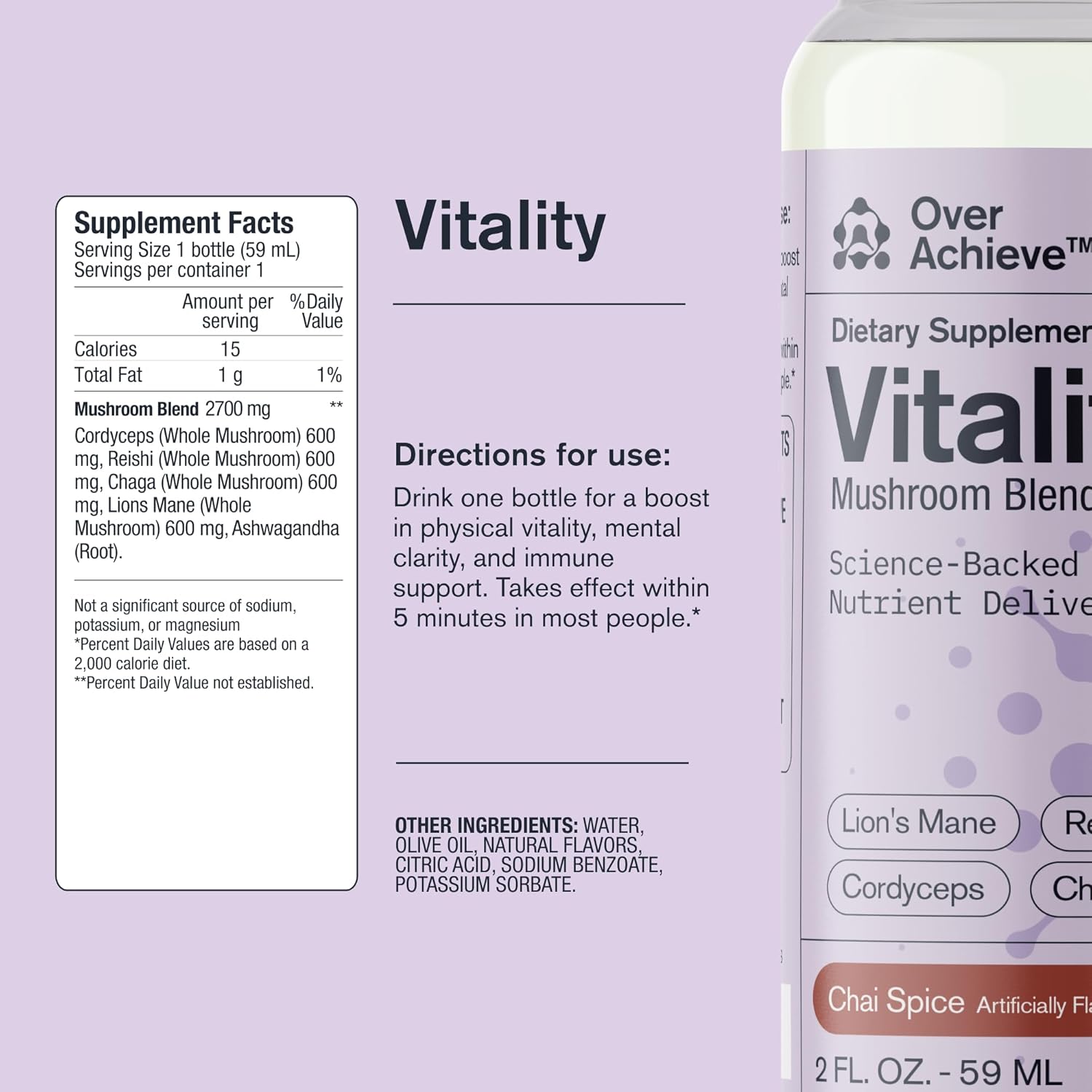 Fast-Acting Mushroom Supplement Drink for Adults, Vitality Blend with Cordyceps, Reishi, Chaga, Lion’s Mane, Ashwagandha, Chai Spice Flavor, 2 fl oz (3 Pack)