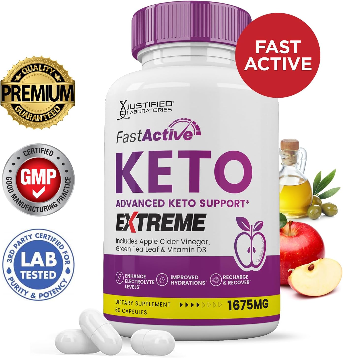 Fast Active Keto ACV Extreme Pills 1675MG - Keto Support Blend with Apple Cider Vinegar, Green Tea, and Olive Oil - 120 Capsules