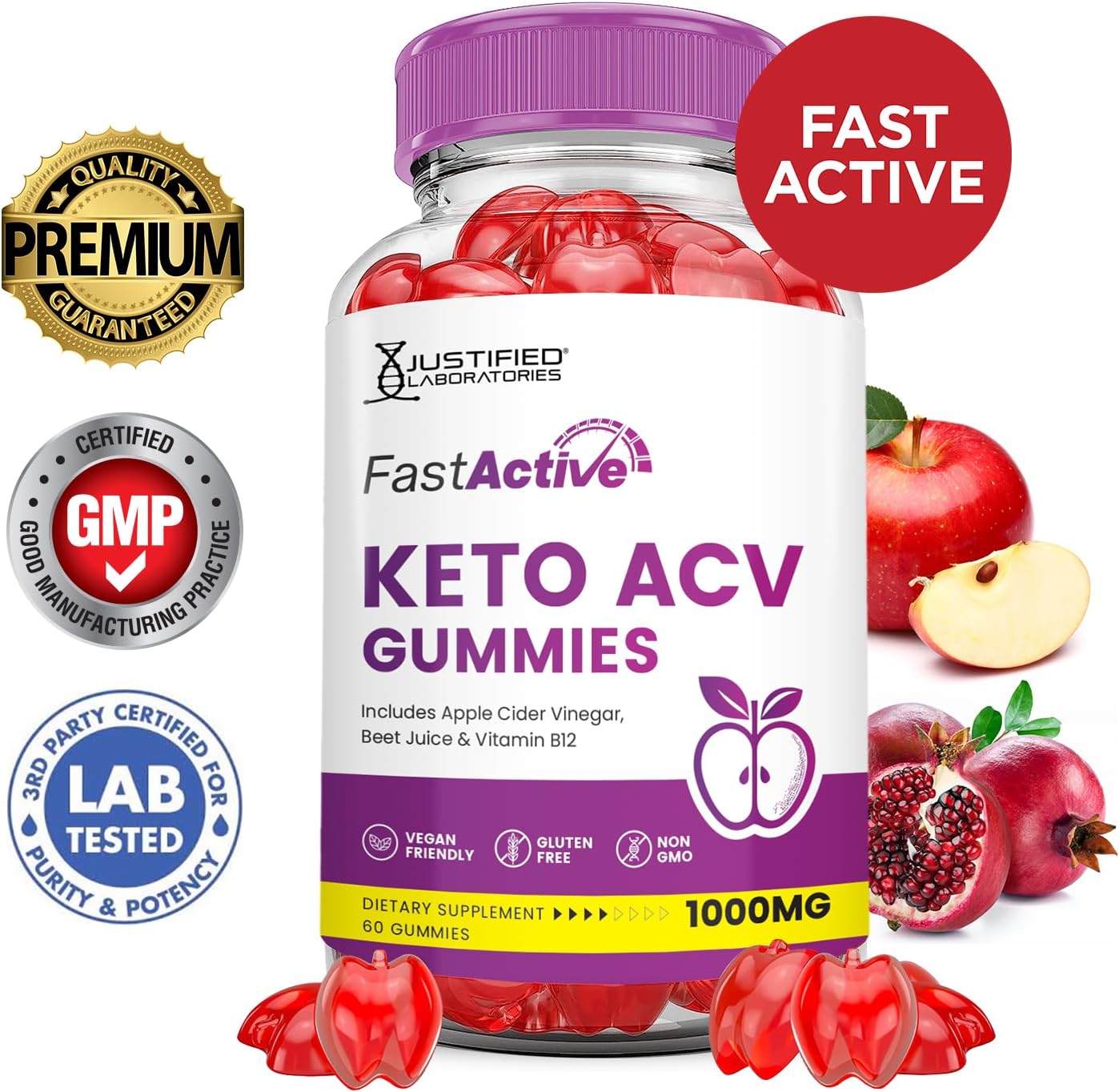 Fast Active Keto ACV Gummies with Pomegranate Beet Juice Powder - 1000MG Advanced Formula - Vegan & Non GMO - 60 Gummys
