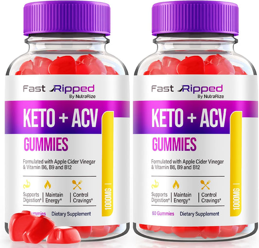 Fast Ripped Keto+ACV Gummies - Pack of 2 (120 Gummies), Advanced Formula with Apple Cider Vinegar 1000MG, Maximum Strength Supplement