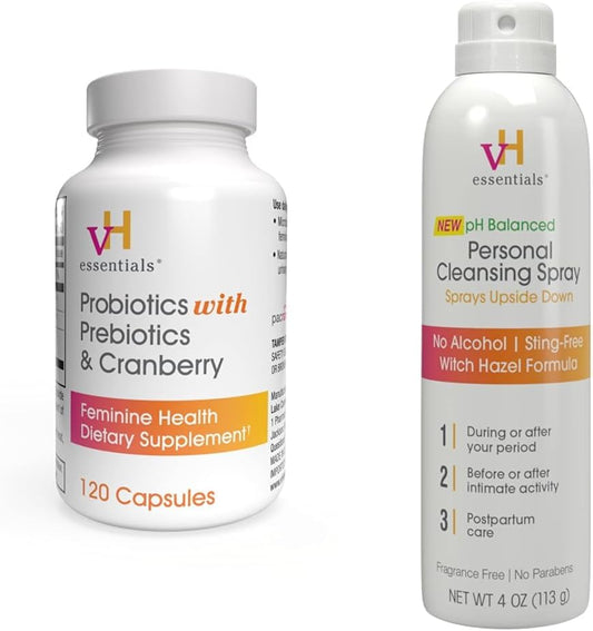 Feminine Health Bundle: vH essentials Probiotics, Prebiotics, Cranberry - 120 Capsules + Cleansing Spray