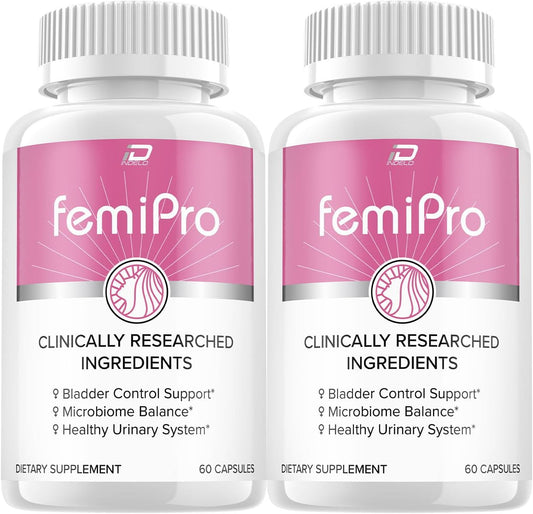 FemiPro Bladder Support Supplement - Probiotic Pills for 24 Hour Urinary Control - 2 Pack with 120 Capsules
