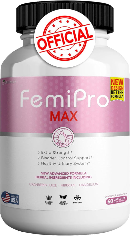 FemiPro MAX Women's Urinary Support Supplement - 60 Capsules, Extra Strength Bladder Control with Cranberry, Hibiscus, Dandelion - Vegan, Gluten Free