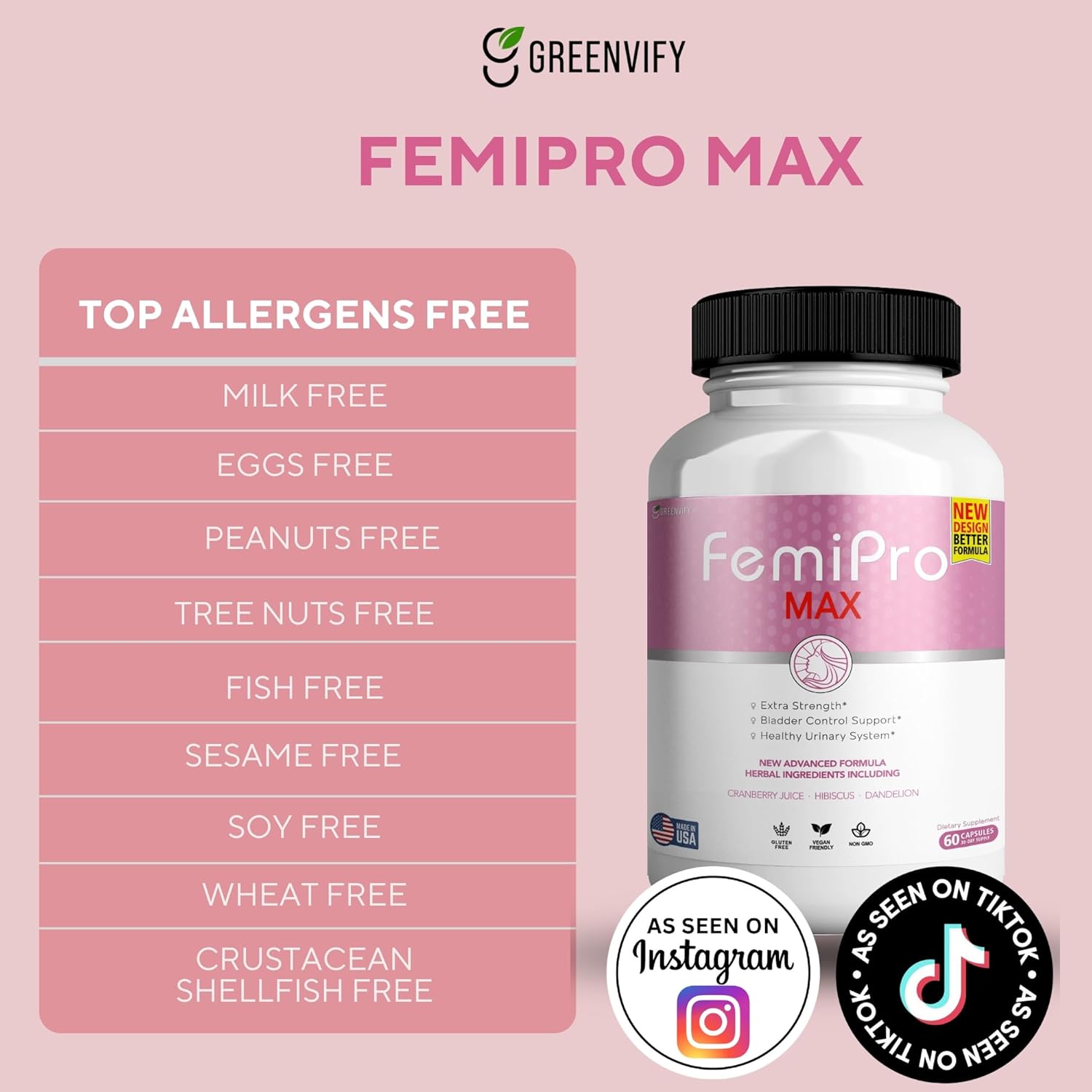 FemiPro MAX Women's Urinary Support Supplement - 60 Capsules, Extra Strength Bladder Control with Cranberry, Hibiscus, Dandelion - Vegan, Gluten Free