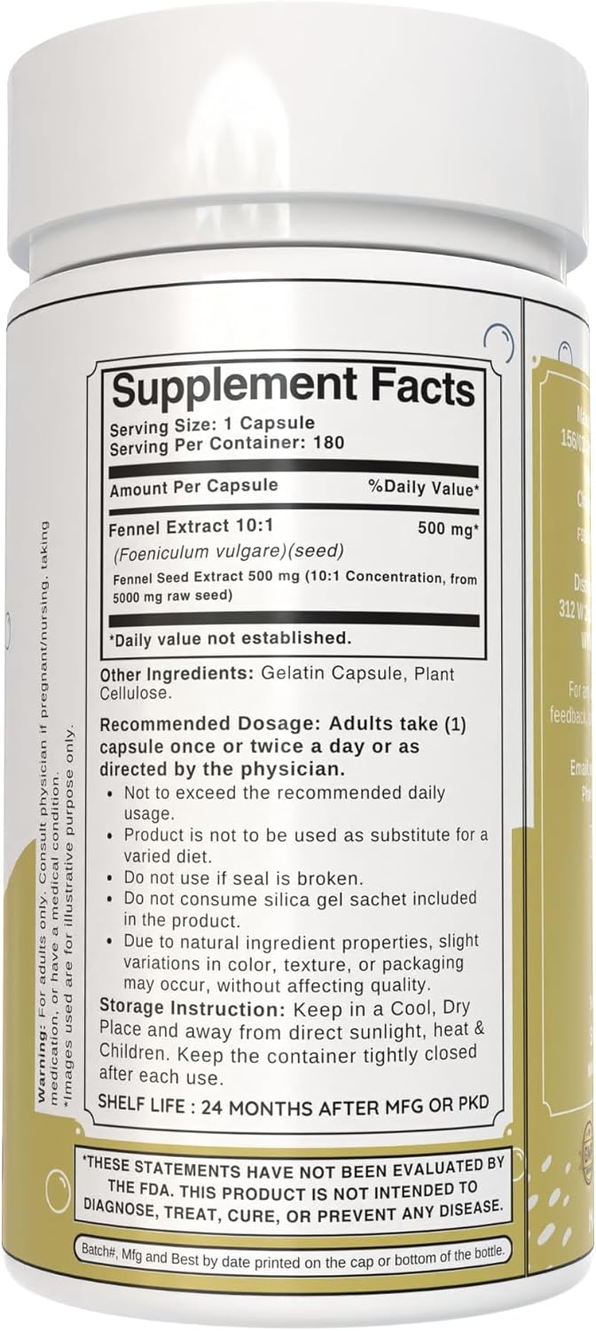 Fennel Seed Capsules 500mg | 10:1 Extract | 180 Count | Foeniculum vulgare | Herbal Supplement | Non-GMO | Plant-Based Formula