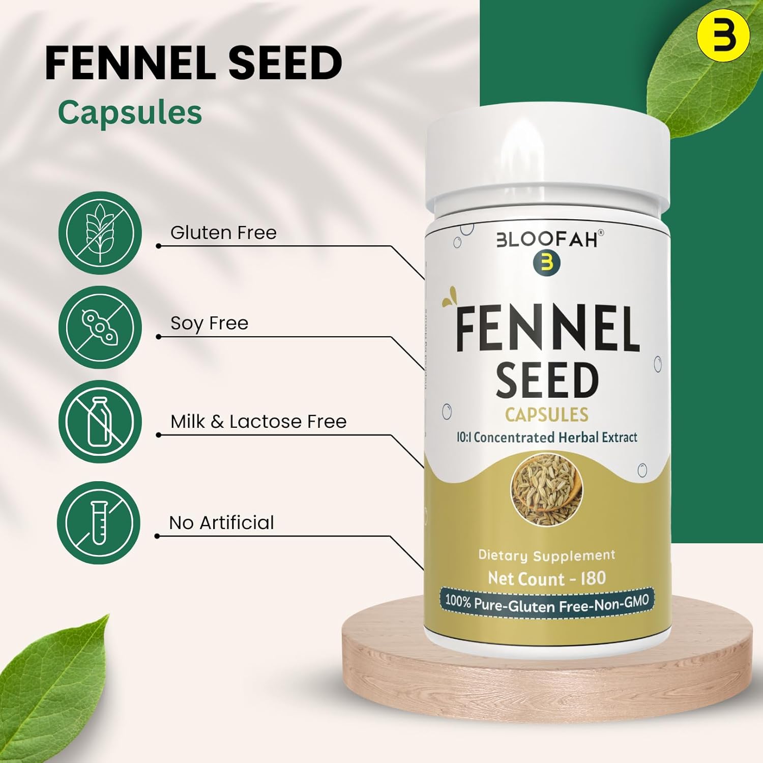 Fennel Seed Capsules 500mg | 10:1 Extract | 180 Count | Foeniculum vulgare | Herbal Supplement | Non-GMO | Plant-Based Formula