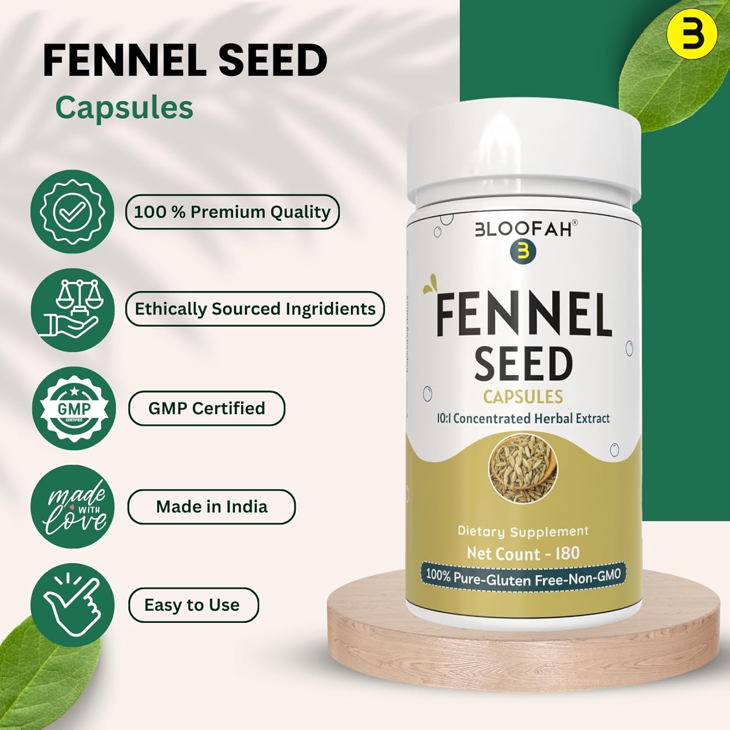 Fennel Seed Capsules 500mg | 10:1 Extract | 180 Count | Foeniculum vulgare | Herbal Supplement | Non-GMO | Plant-Based Formula