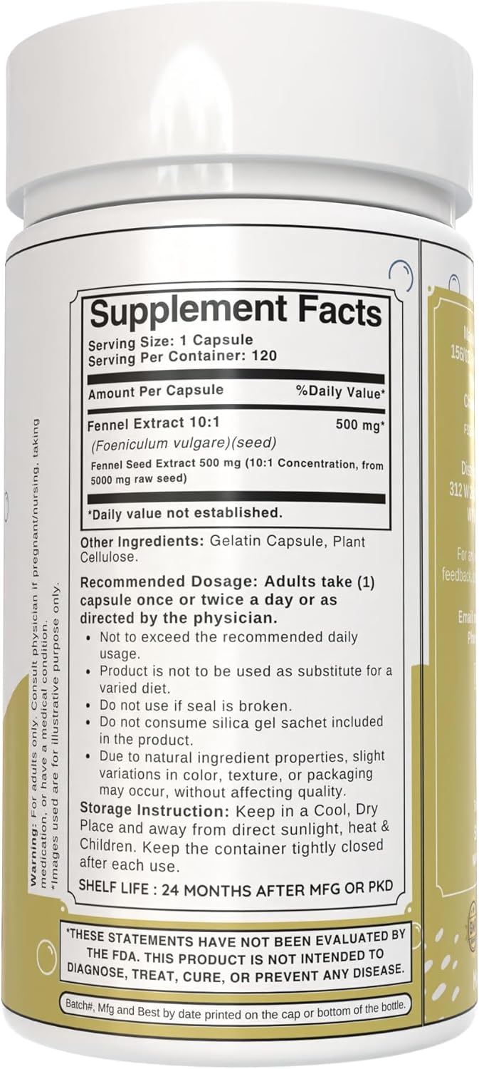 Fennel Seed Capsules 500mg | 10:1 Extract | Non-GMO, Gluten-Free | Traditional Herbal Formula | 120 Count