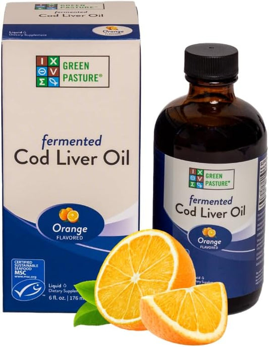 Fermented Cod Liver Oil Liquid - 6 fl. oz. with Vitamin A, D, Omega 3, 6, 9 - Orange Flavor