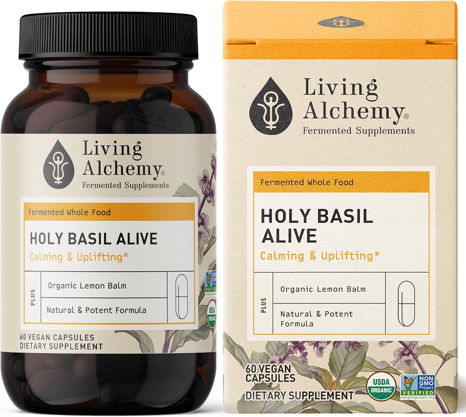 Fermented Holy Basil & Lemon Balm Mood Sleep Aid Supplement for Women & Men - Vegan Non-GMO - Living Alchemy 60 Capsules