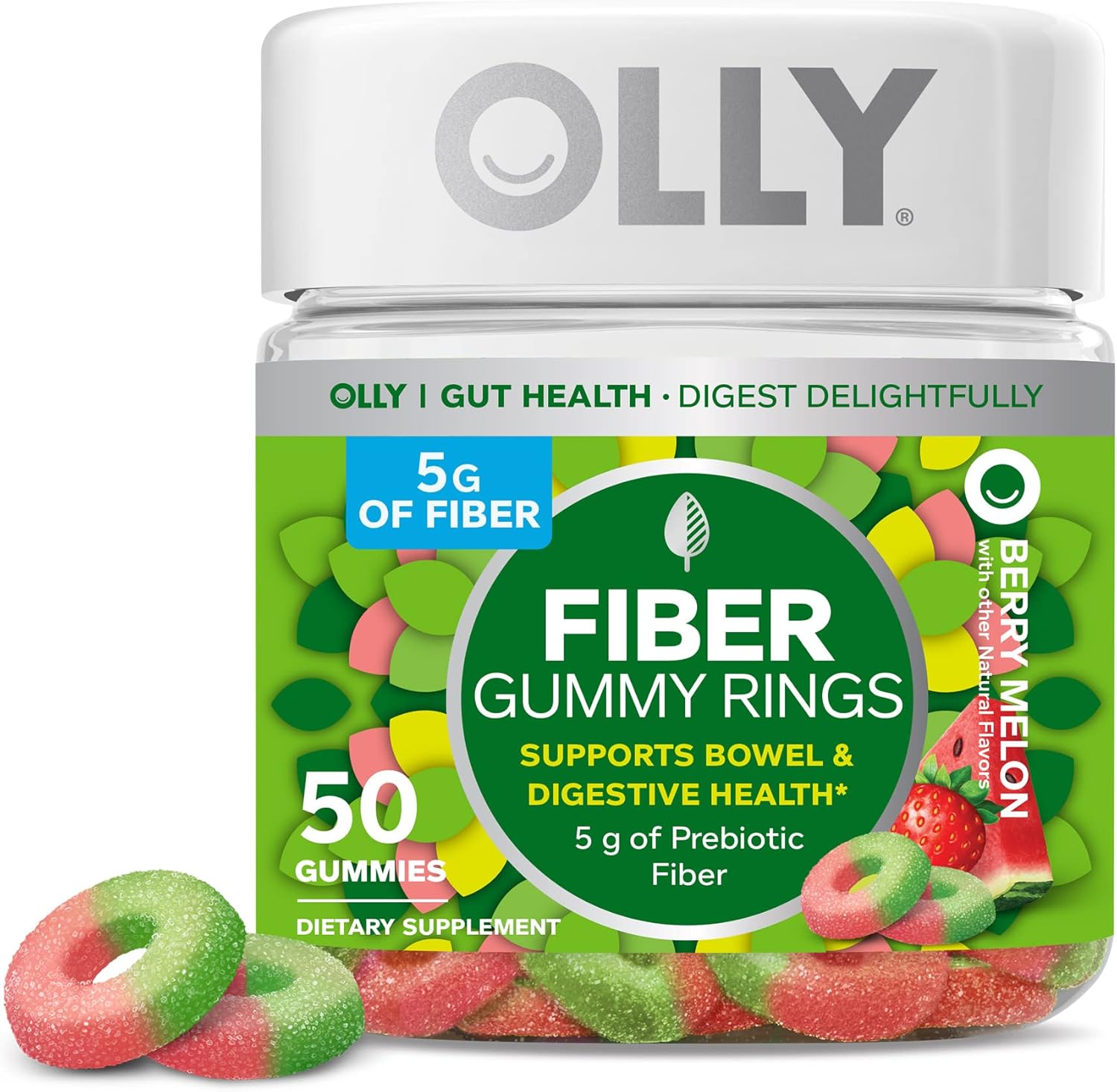 Fiber Gummy Rings with Prebiotic FOS, Digestive & Gut Health Support, 500 Million CFUs