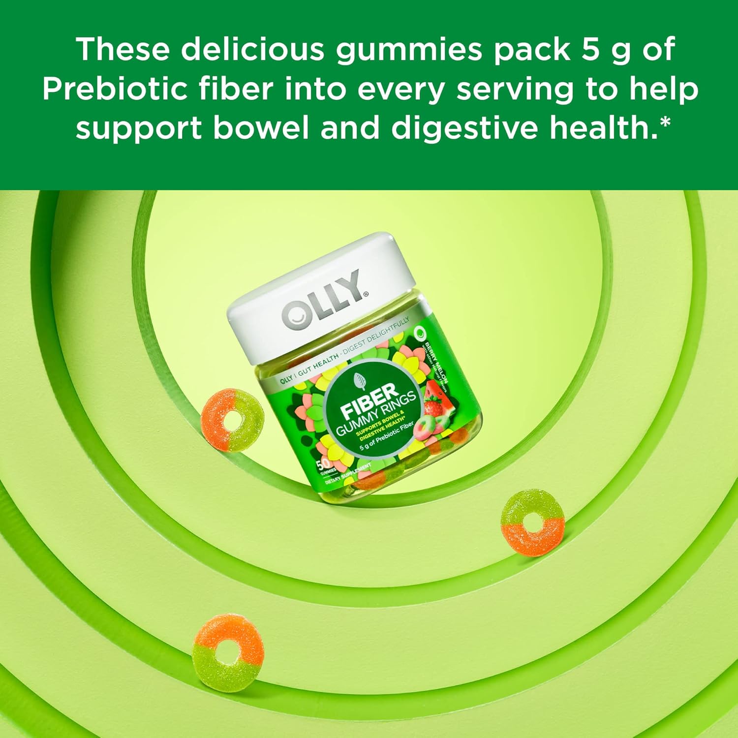 Fiber Gummy Rings with Prebiotic FOS, Digestive & Gut Health Support, 500 Million CFUs