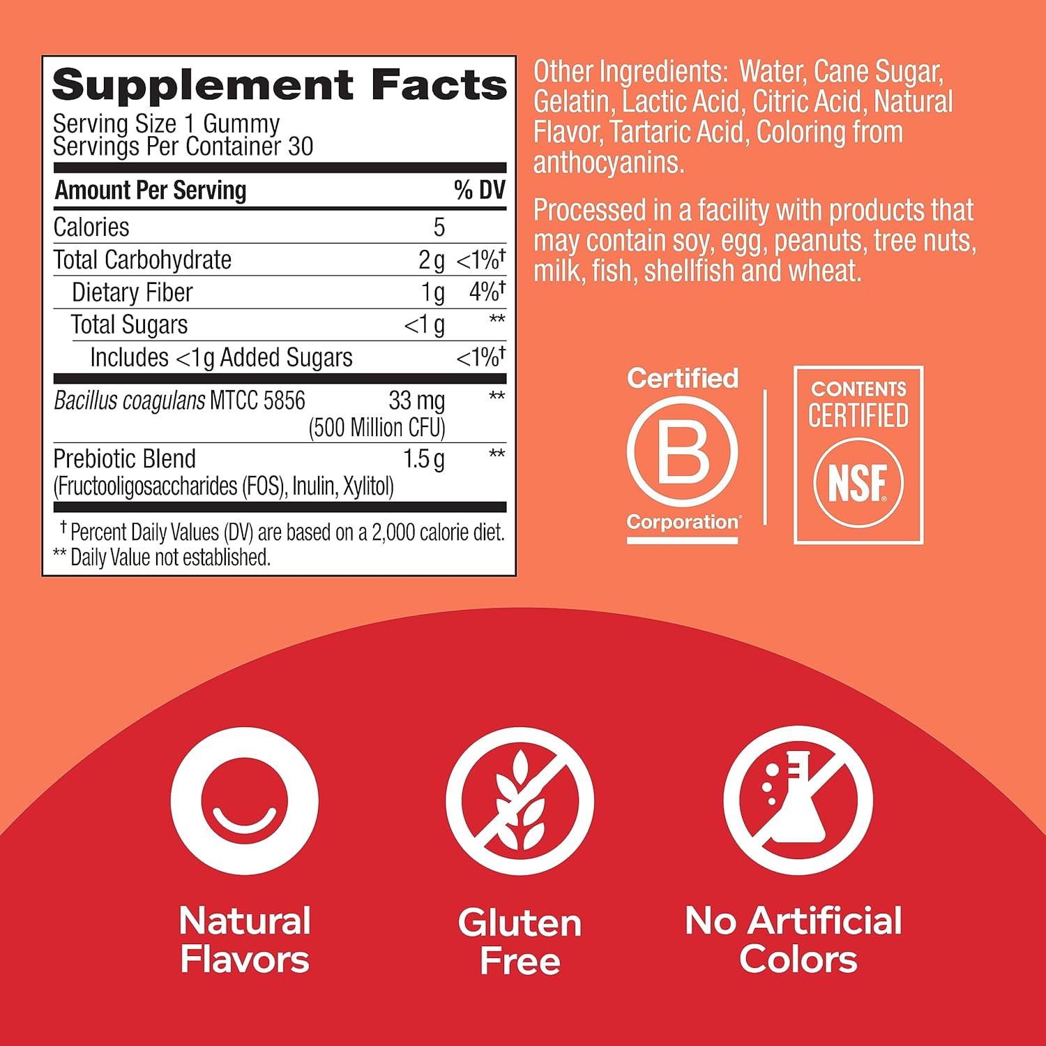 Fiber Gummy Rings with Prebiotic FOS, Digestive & Gut Health Support, 500 Million CFUs