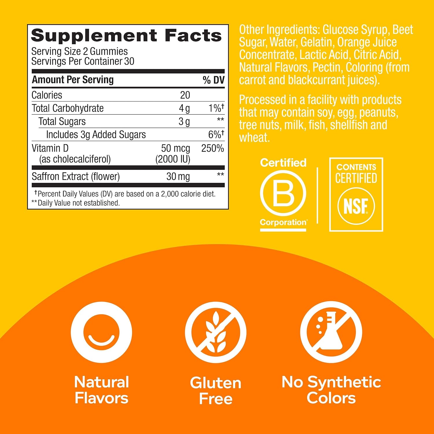Fiber & Mood Support Gummy Supplements with Prebiotic Fiber, Vitamin D, Saffron - Chewable Digestive & Mood Balance Support