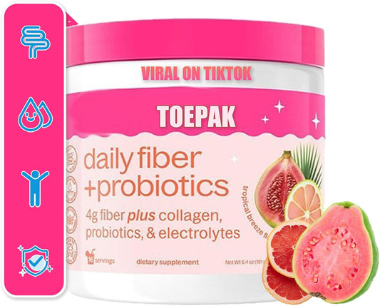 Fiber Supplement Powder with Collagen, Probiotics, and Electrolytes for Digestive Health - Tropical Flavor, 16 Servings, Easy Dissolve Formula