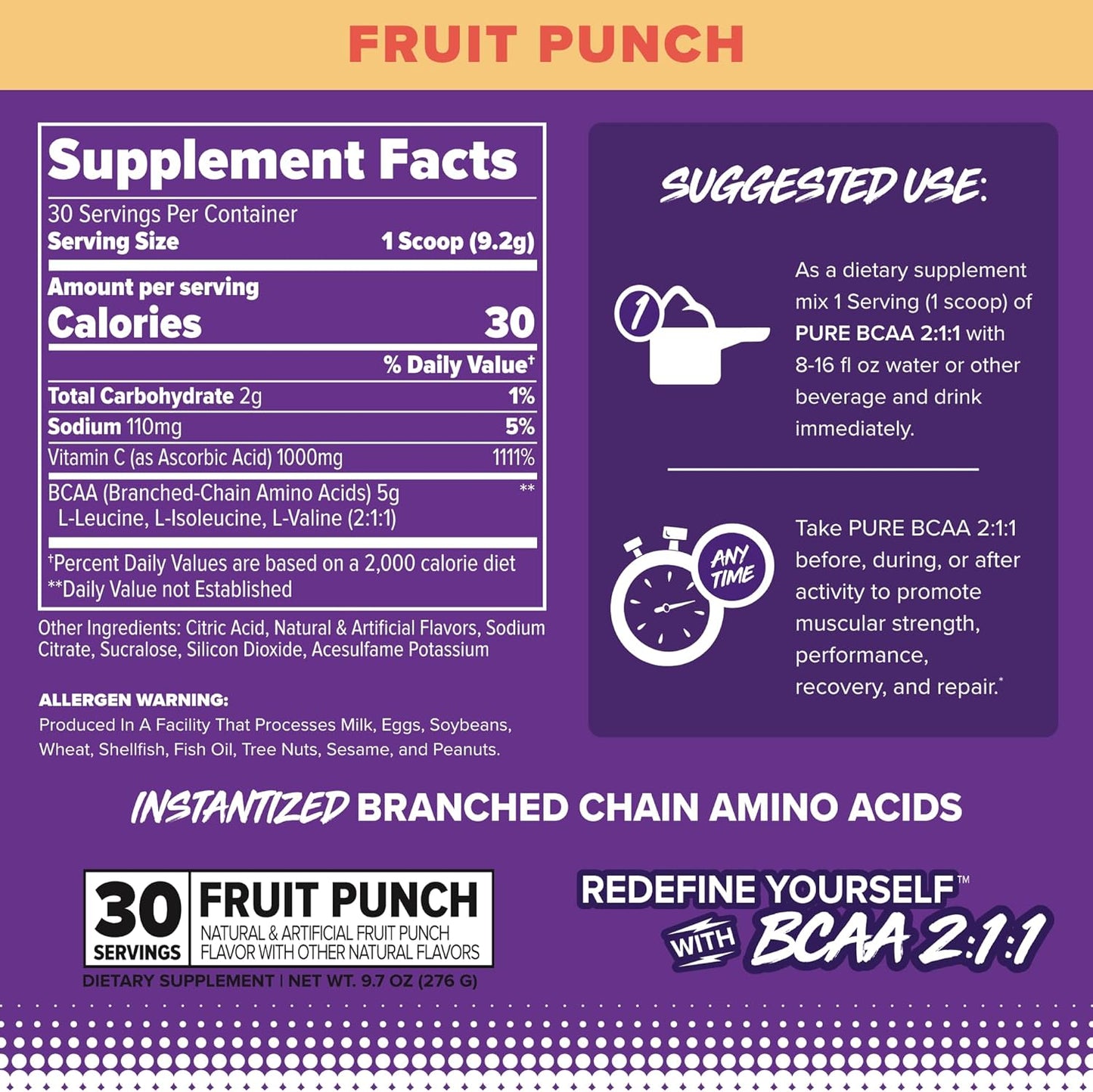 FINAFLEX Pure BCAA 2:1:1 Fruit Punch Powder - 9.7 oz - Enhances Strength, Recovery, and Performance - 30 Servings with Vitamin C