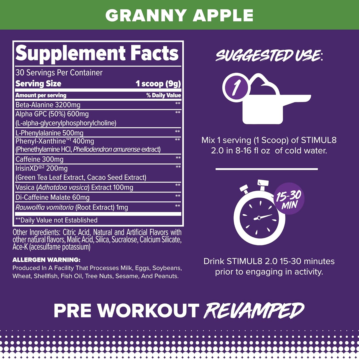 FINAFLEX STIMUL8 2.0 Pre Workout, Granny Apple Flavor - Boosts Energy, Focus, and Strength - Contains Beta-Alanine, Alpha GPC, and Caffeine - 30 Servings