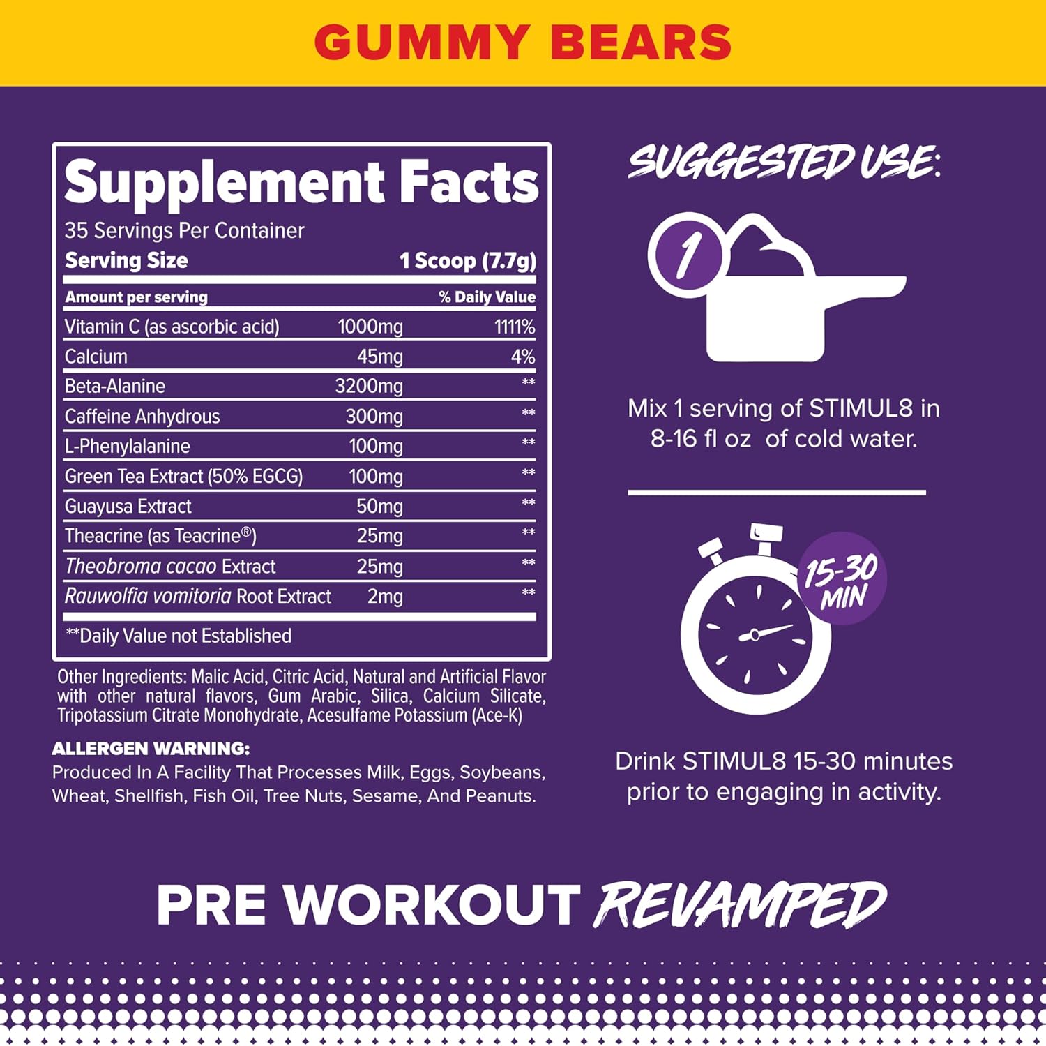FINAFLEX STIMUL8 Original Pre-Workout Gummy Bears - Boost Energy & Strength with Caffeine, Beta-Alanine, Vitamin C - 35 Servings for Men & Women