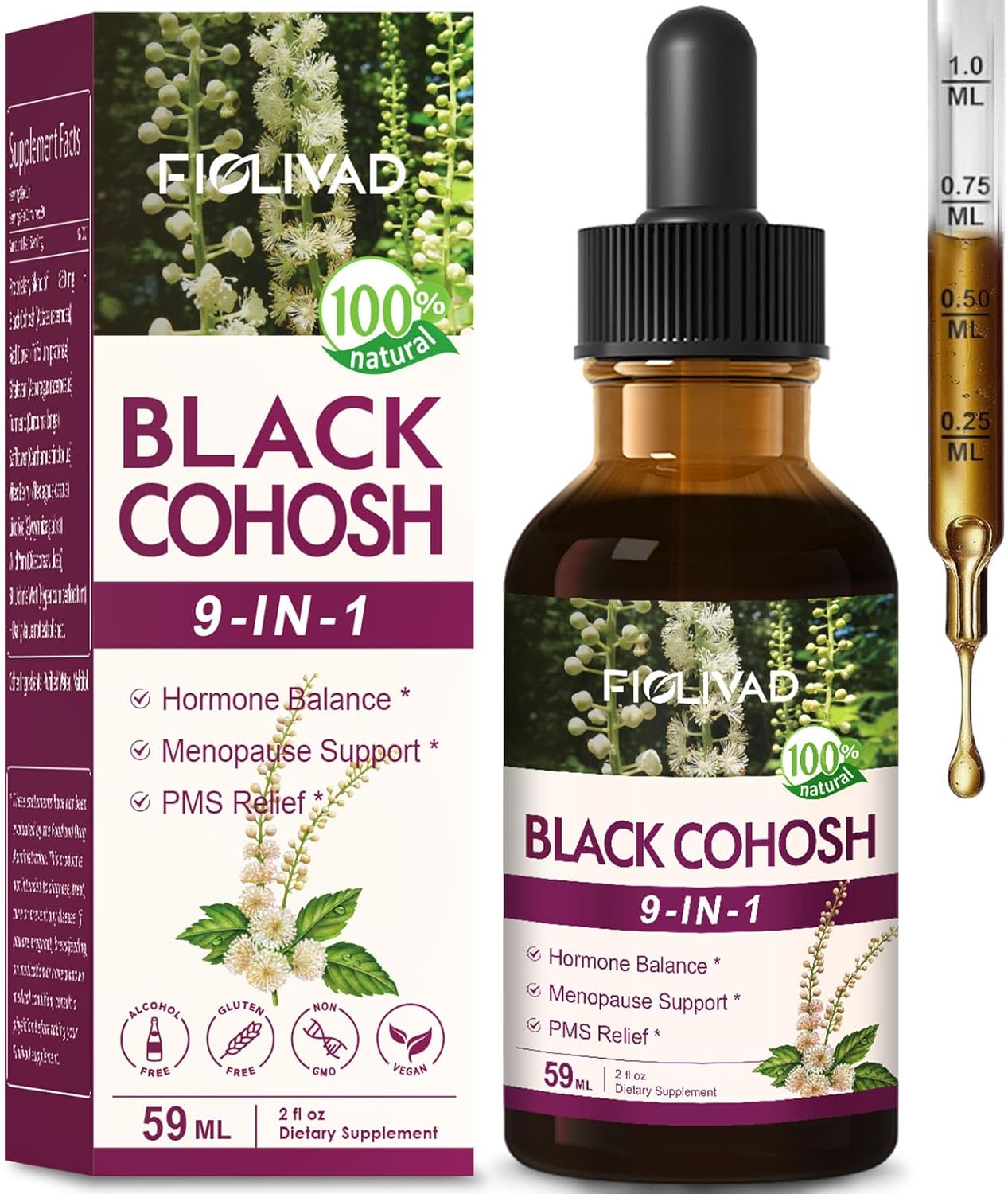FIOLIVAD Black Cohosh Drops - Herbal Extract for Menopause & PMS Relief - 2oz