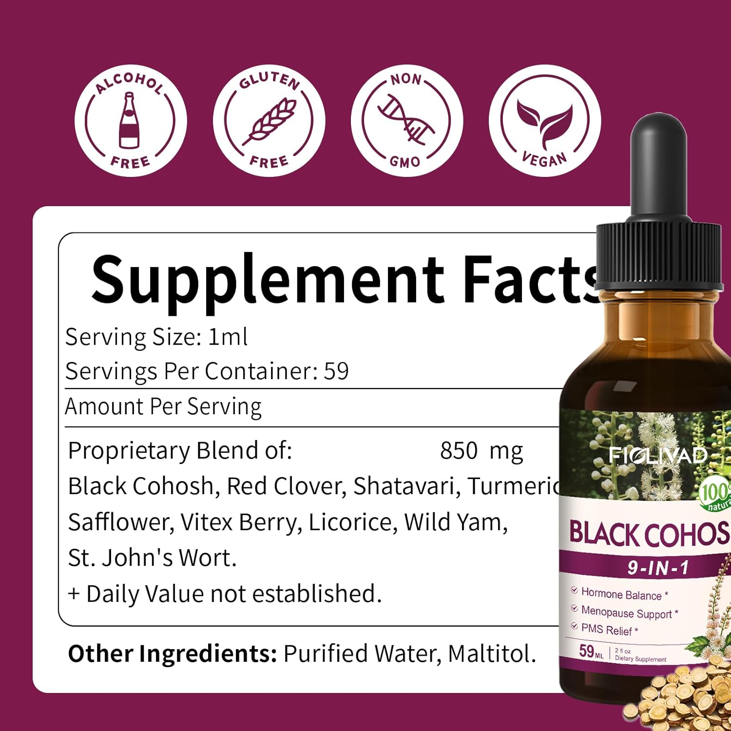 FIOLIVAD Black Cohosh Drops - Herbal Extract for Menopause & PMS Relief - 2oz