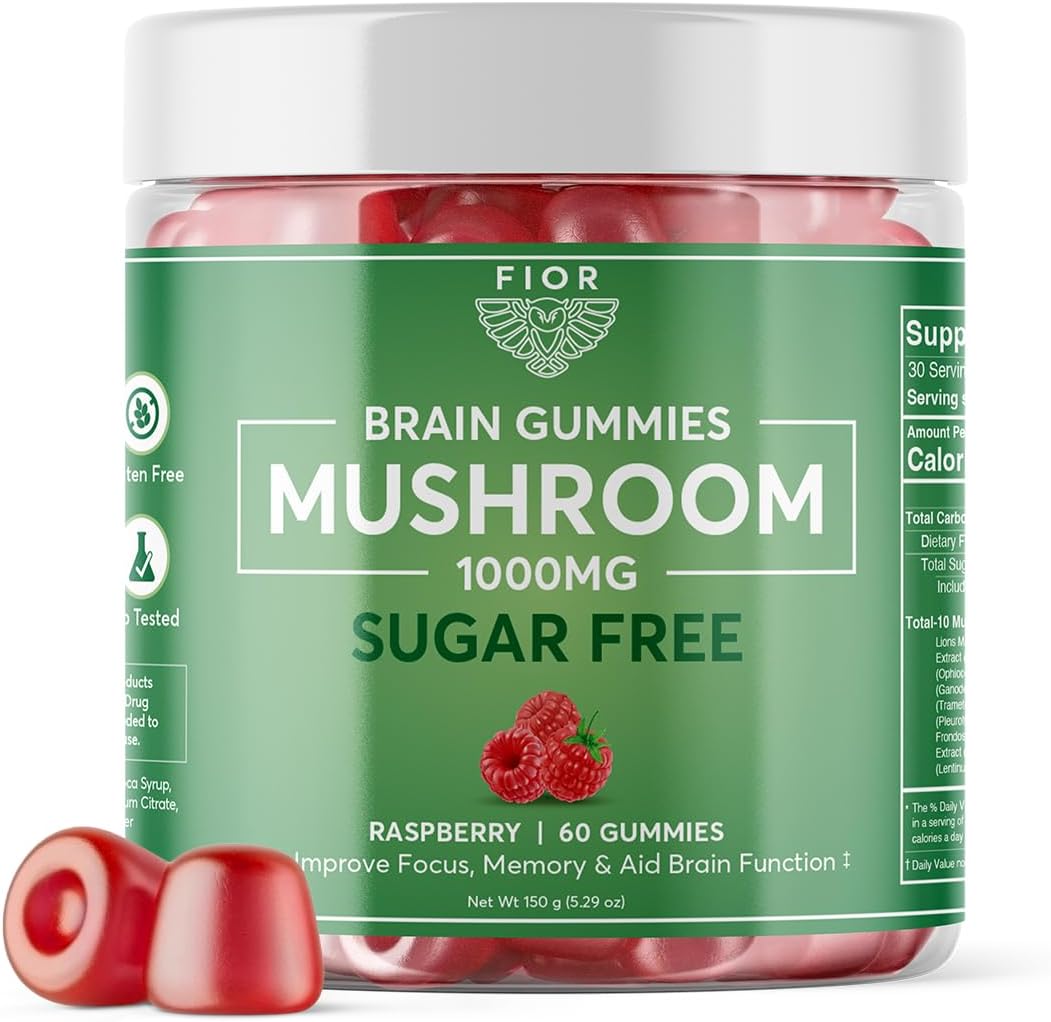 FIOR Naturally Sugar-Free Mushroom Gummy Supplement, 60 Count, Multi Mushroom Complex with Lions Mane, Chaga, Cordyceps, Reishi, Turkey Tail, Maitake, Shiitake, King Trumpet