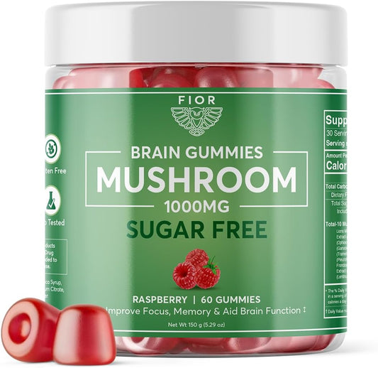 FIOR Naturally Sugar-Free Mushroom Gummy Supplement, 60 Count, Multi Mushroom Complex with Lions Mane, Chaga, Cordyceps, Reishi, Turkey Tail, Maitake, Shiitake, King Trumpet