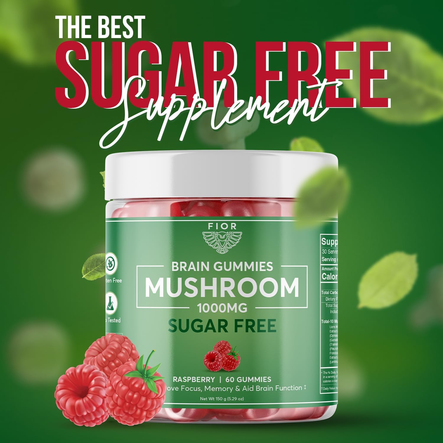 FIOR Naturally Sugar-Free Mushroom Gummy Supplement, 60 Count, Multi Mushroom Complex with Lions Mane, Chaga, Cordyceps, Reishi, Turkey Tail, Maitake, Shiitake, King Trumpet
