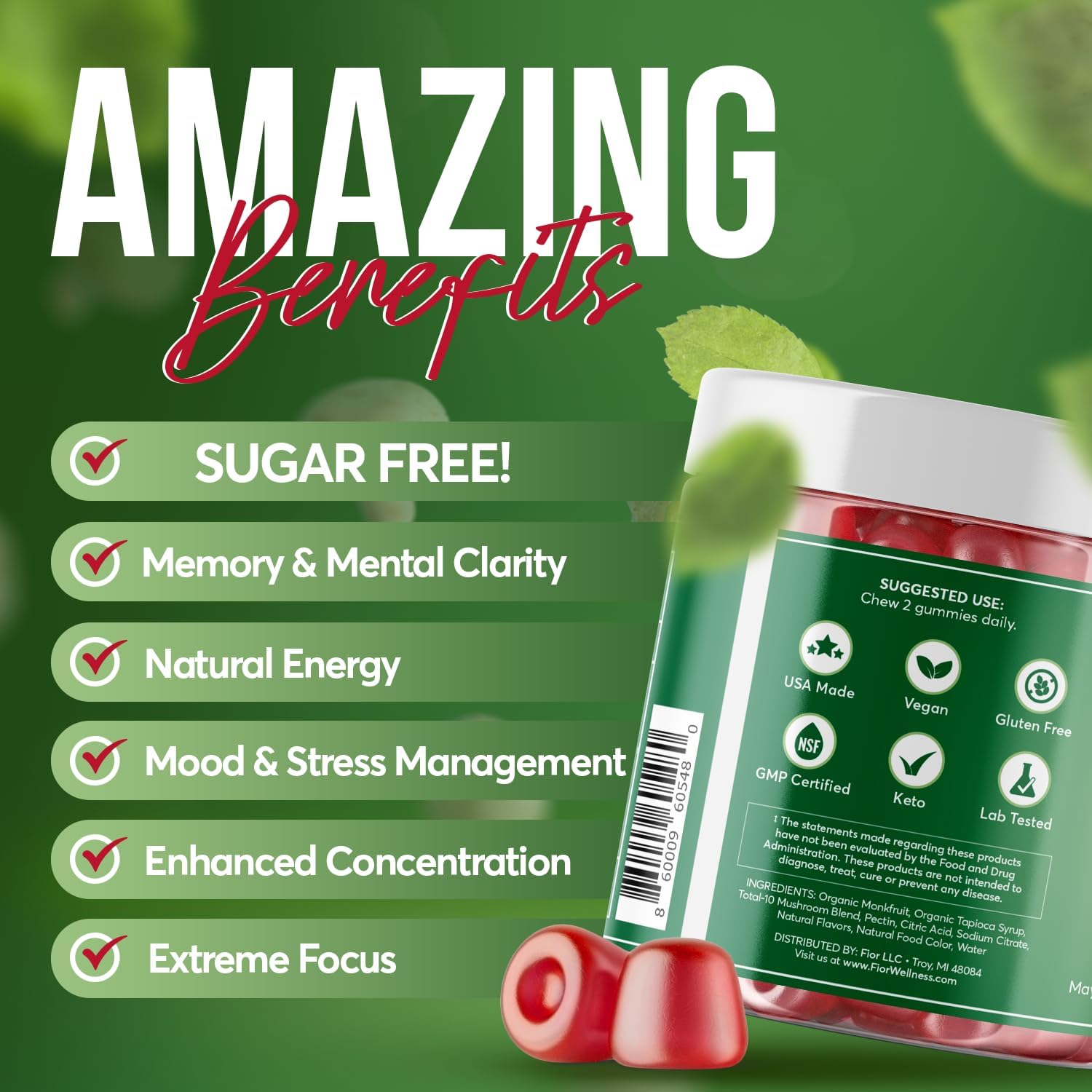FIOR Naturally Sugar-Free Mushroom Gummy Supplement, 60 Count, Multi Mushroom Complex with Lions Mane, Chaga, Cordyceps, Reishi, Turkey Tail, Maitake, Shiitake, King Trumpet