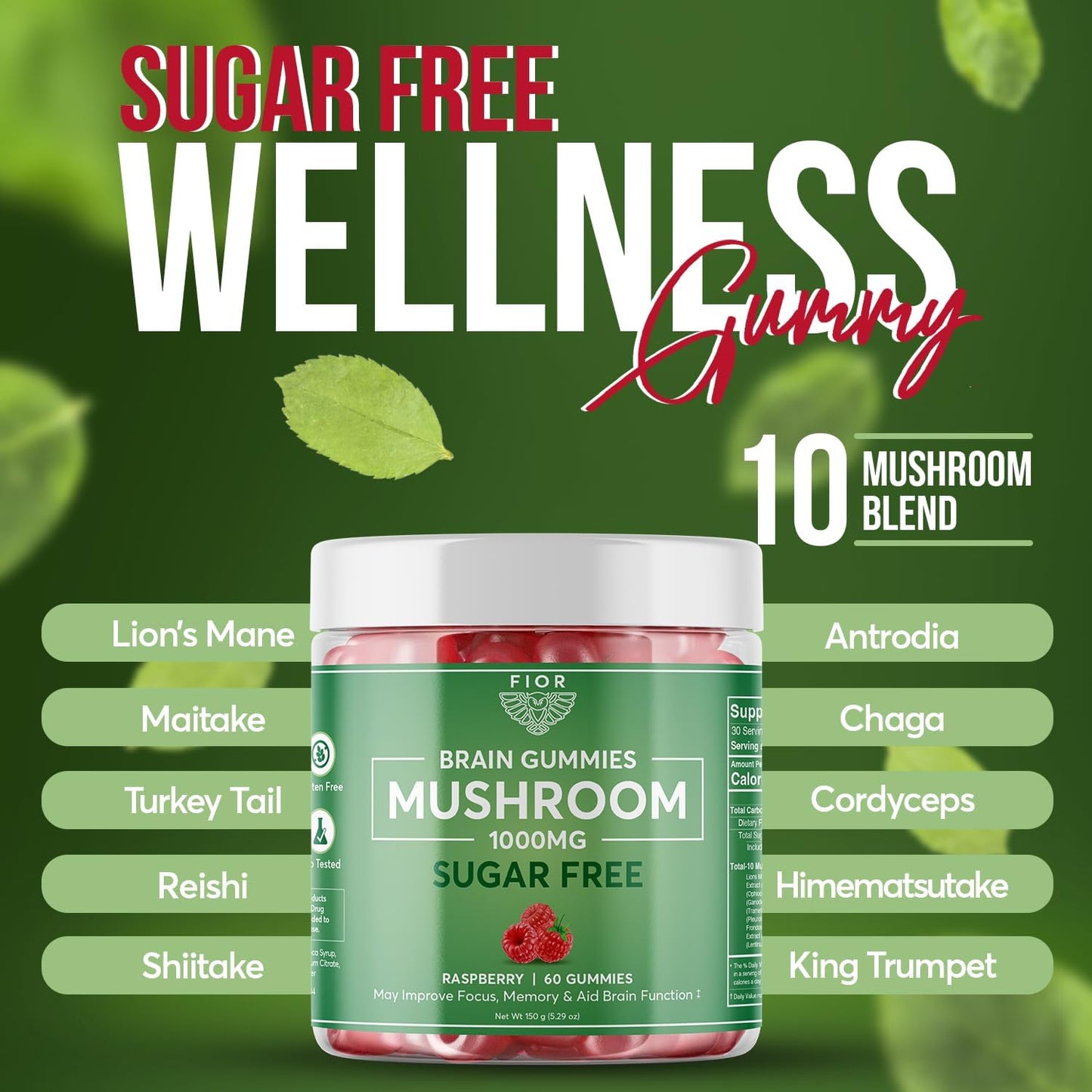 FIOR Naturally Sugar-Free Mushroom Gummy Supplement, 60 Count, Multi Mushroom Complex with Lions Mane, Chaga, Cordyceps, Reishi, Turkey Tail, Maitake, Shiitake, King Trumpet