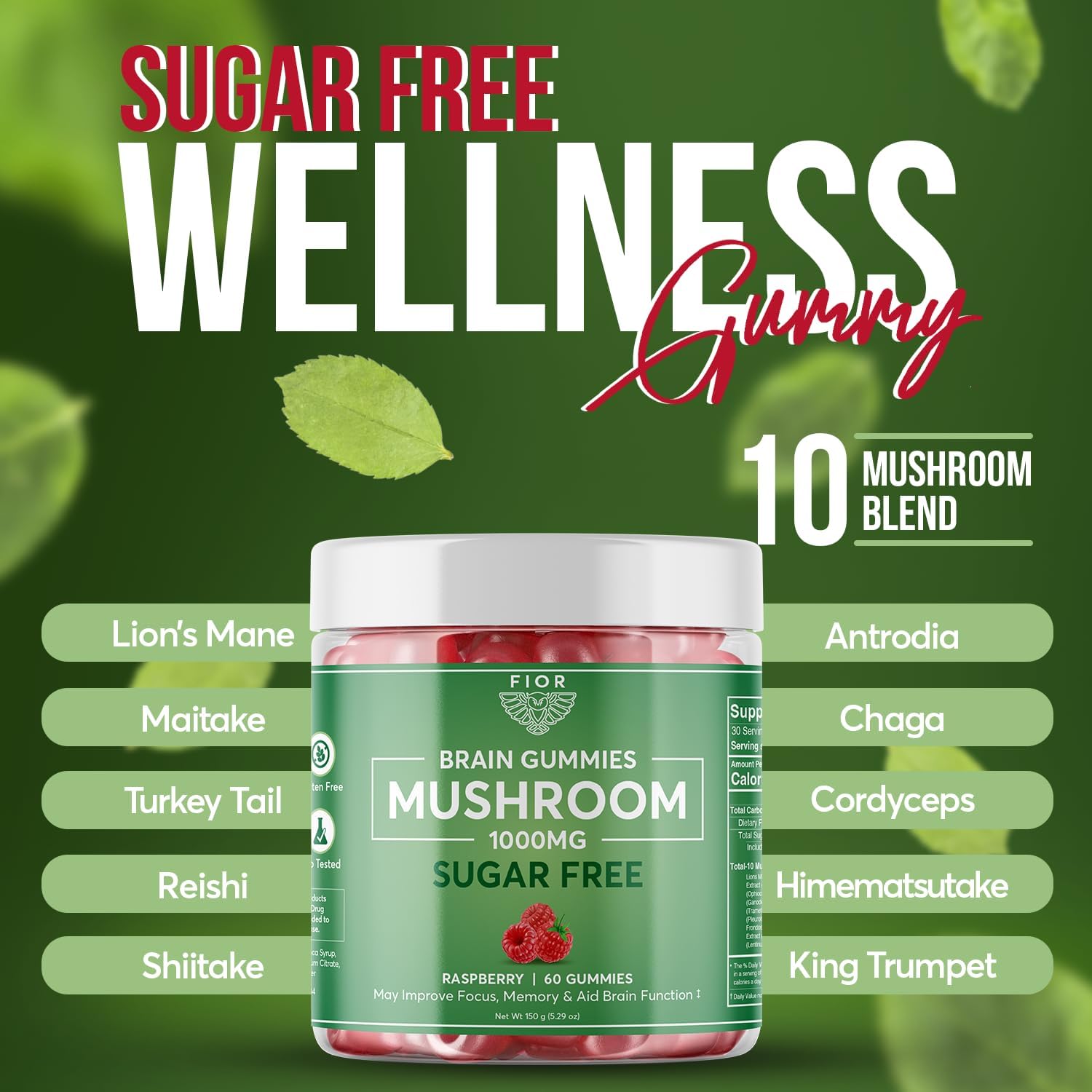 FIOR Naturally Sugar-Free Mushroom Gummy Supplement, 60 Count, Multi Mushroom Complex with Lions Mane, Chaga, Cordyceps, Reishi, Turkey Tail, Maitake, Shiitake, King Trumpet