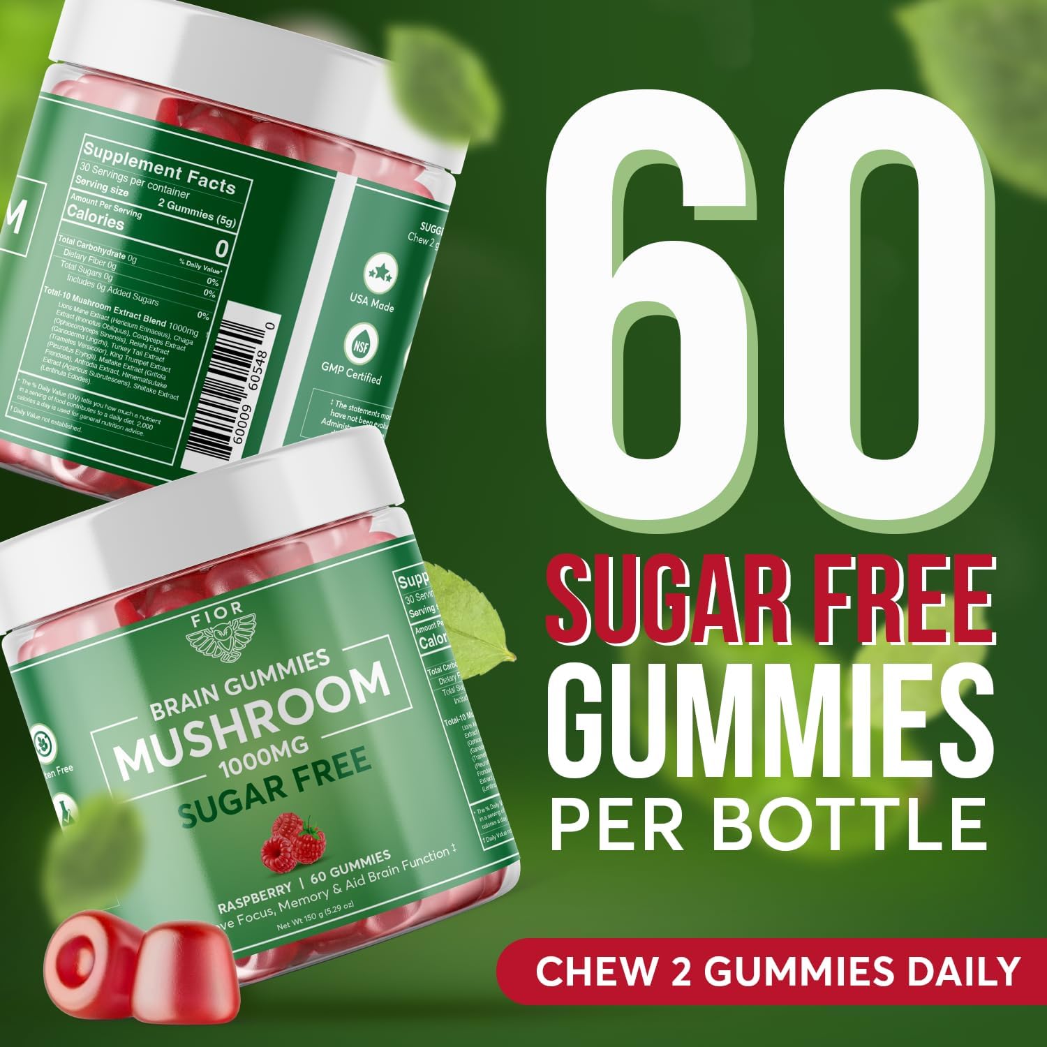 FIOR Naturally Sugar-Free Mushroom Gummy Supplement, 60 Count, Multi Mushroom Complex with Lions Mane, Chaga, Cordyceps, Reishi, Turkey Tail, Maitake, Shiitake, King Trumpet