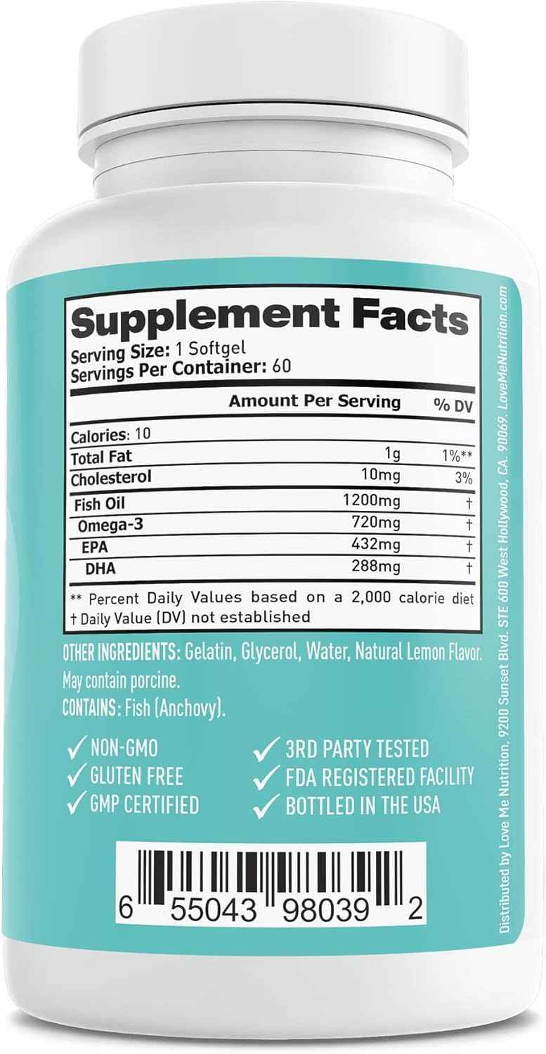 Fish Oil Omega 3 Supplement – Burpless & Supports Heart Health (60 Servings) - EPA & DHA Omega-3 Fatty Acids Brain, Eye, Skin & Joint Health – Natural, Fish Oil Capsules
