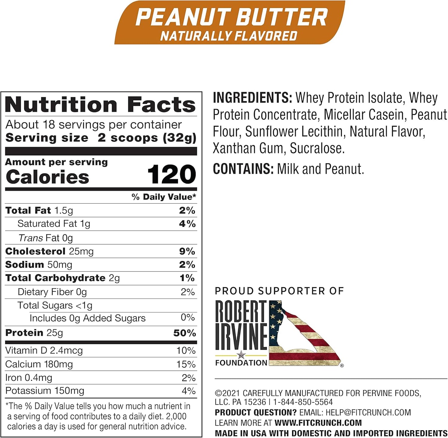FITCRUNCH Tri-Blend Whey Protein: Keto-Friendly, Low-Calorie, High-Protein, Gluten-Free, Soy-Free - 18 Servings (Peanut Butter)