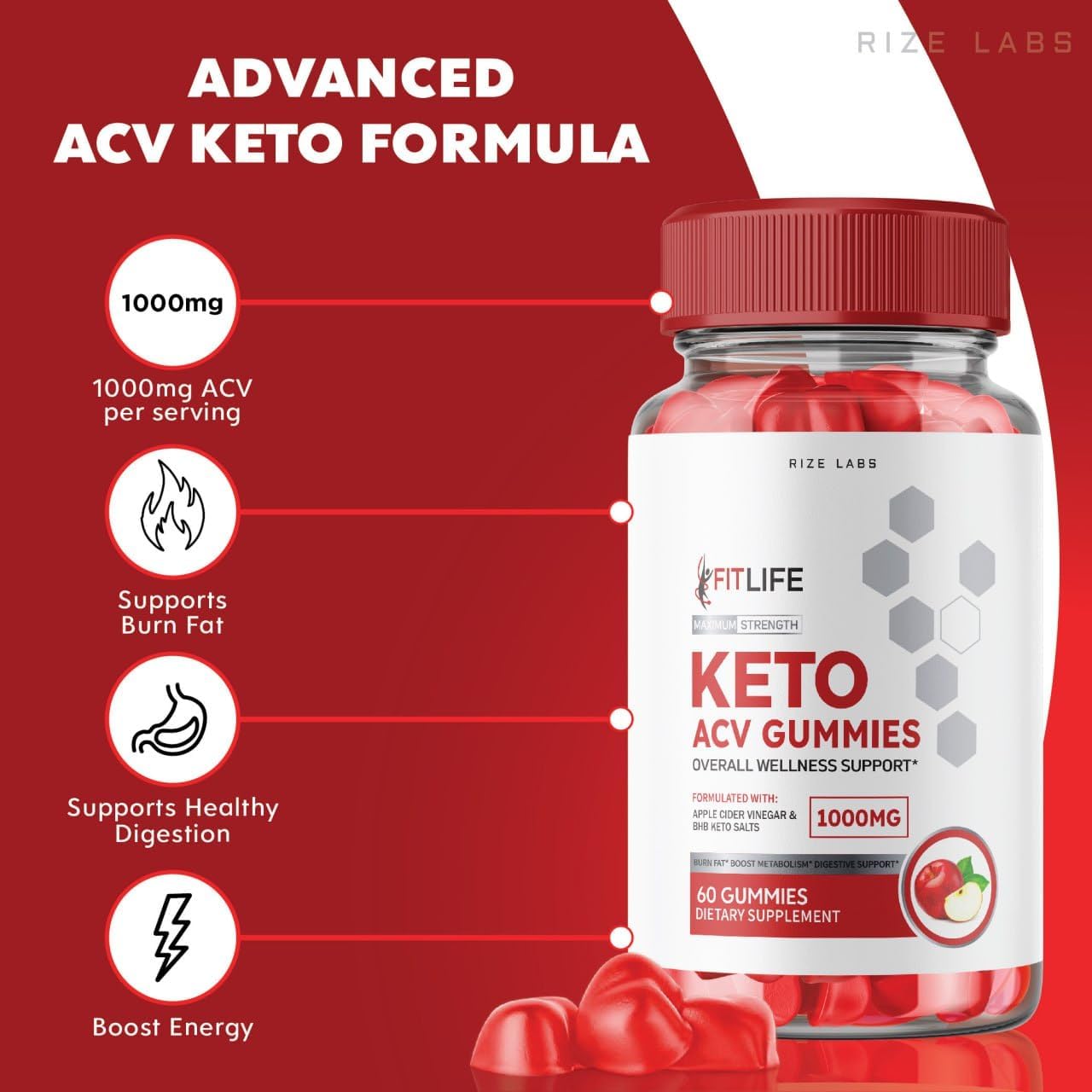 FitLife Keto ACV Gummies - Extra Strength  Slimming Formula  Supplement with Apple Cider Vinegar for Belly Fat Reduction (60 Gummies)