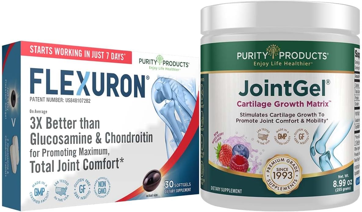 Flexuron Joint Formula with Krill Oil, Hyaluronic Acid, and Astaxanthin + Berry Joint Gel Powder with Collagen Peptides and MSM