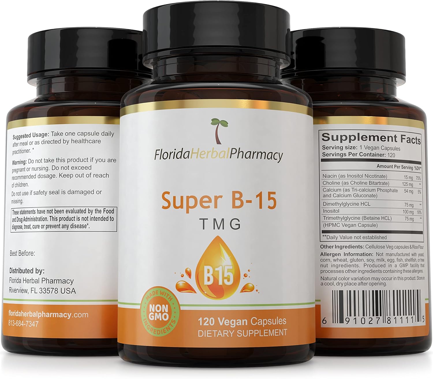 Florida Herbal Pharmacy Super B-15 TMG 120 Capsules Pangamic Acid Supplement Pack - 1 Count