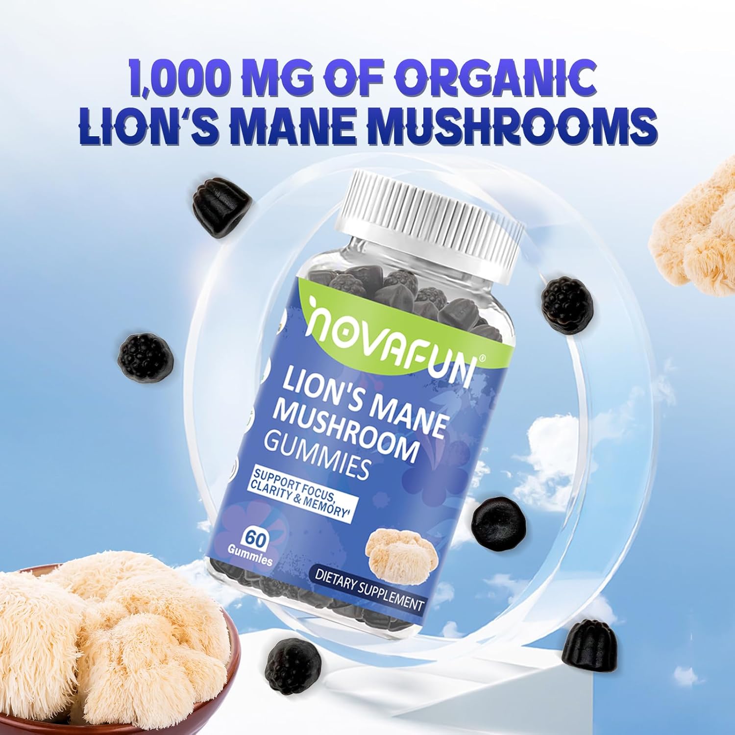 Focus & Cognitive Support Gummies - 1000mg Lion's Mane Mushroom, Vegetarian, Gluten-Free, Mixed Berry Flavor - 60 Count