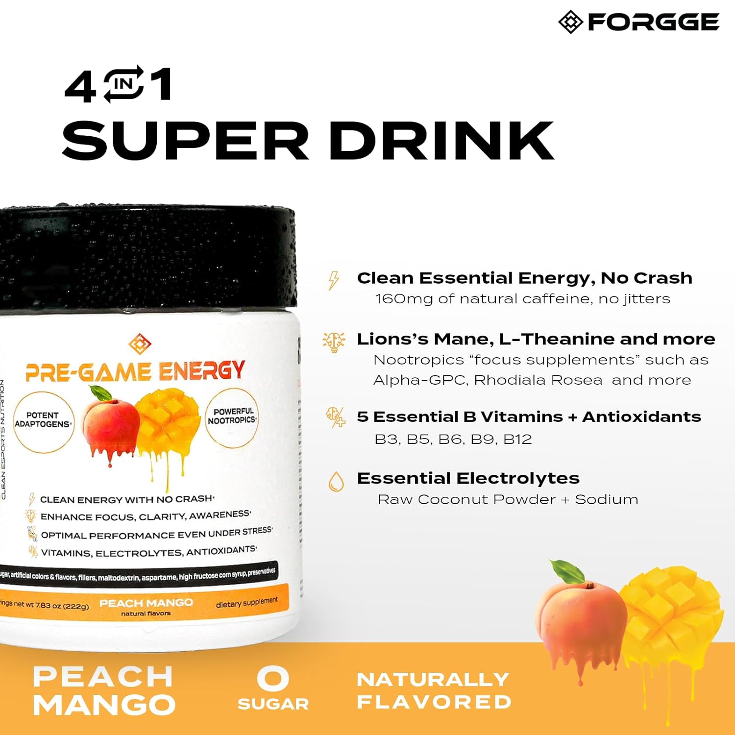 Focus Energy Drink Powder with Lion’s Mane, Alpha-GPC, L-Theanine and Nootropics - Vitamins + Electrolytes - Natural Caffeine, Sugar Free - Peach Mango Flavor