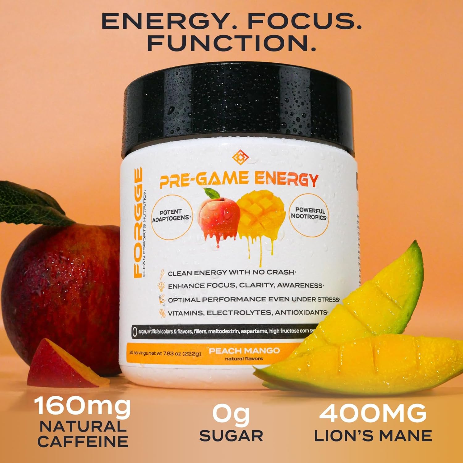 Focus Energy Drink Powder with Lion’s Mane, Alpha-GPC, L-Theanine and Nootropics - Vitamins + Electrolytes - Natural Caffeine, Sugar Free - Peach Mango Flavor