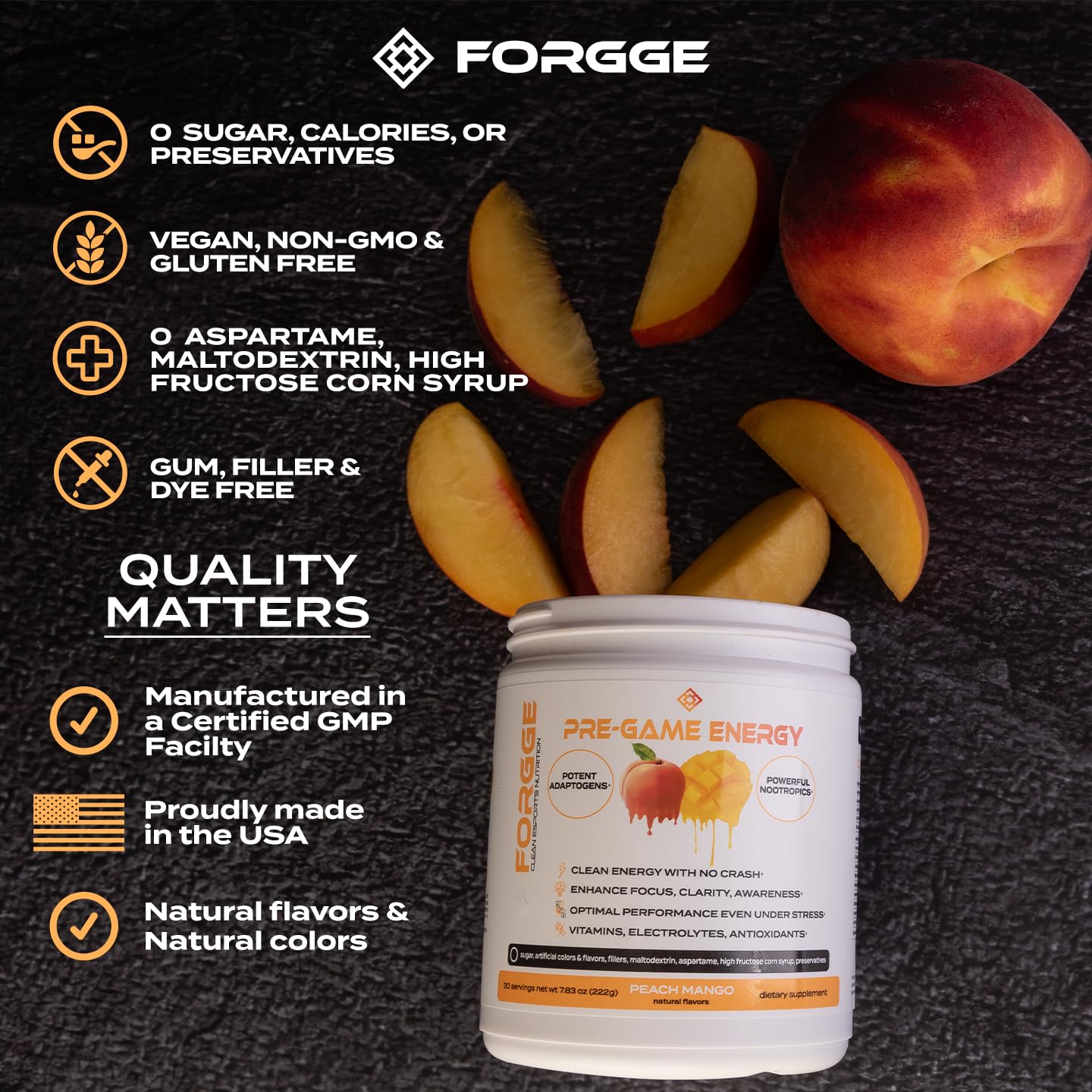 Focus Energy Drink Powder with Lion’s Mane, Alpha-GPC, L-Theanine and Nootropics - Vitamins + Electrolytes - Natural Caffeine, Sugar Free - Peach Mango Flavor