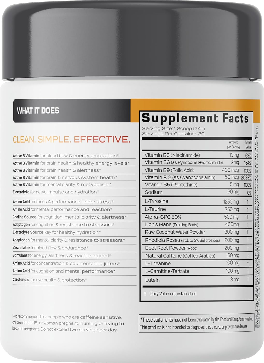 Focus Energy Drink Powder with Lion’s Mane, Alpha-GPC, L-Theanine and Nootropics - Vitamins + Electrolytes - Natural Caffeine, Sugar Free - Peach Mango Flavor