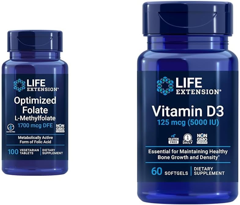 Folate Heart & Brain Support Tablets with Vitamin D3 Softgels - 100 Tablets, 60 Softgels for Bone, Brain, and Immune Health