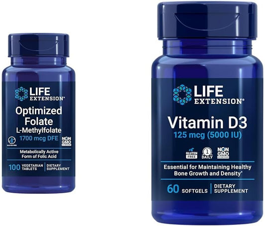 Folate Heart & Brain Support Tablets with Vitamin D3 Softgels - 100 Tablets, 60 Softgels for Bone, Brain, and Immune Health