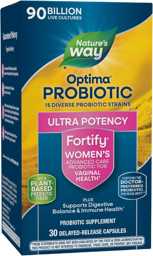 Fortify Optima Probiotic for Women - 90 Billion Live Cultures, Supports Vaginal & Digestive Health - 30 Capsules