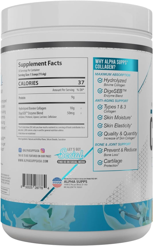 French Vanilla Collagen Peptides Powder with Digestive Enzymes - 30 Servings for Men & Women