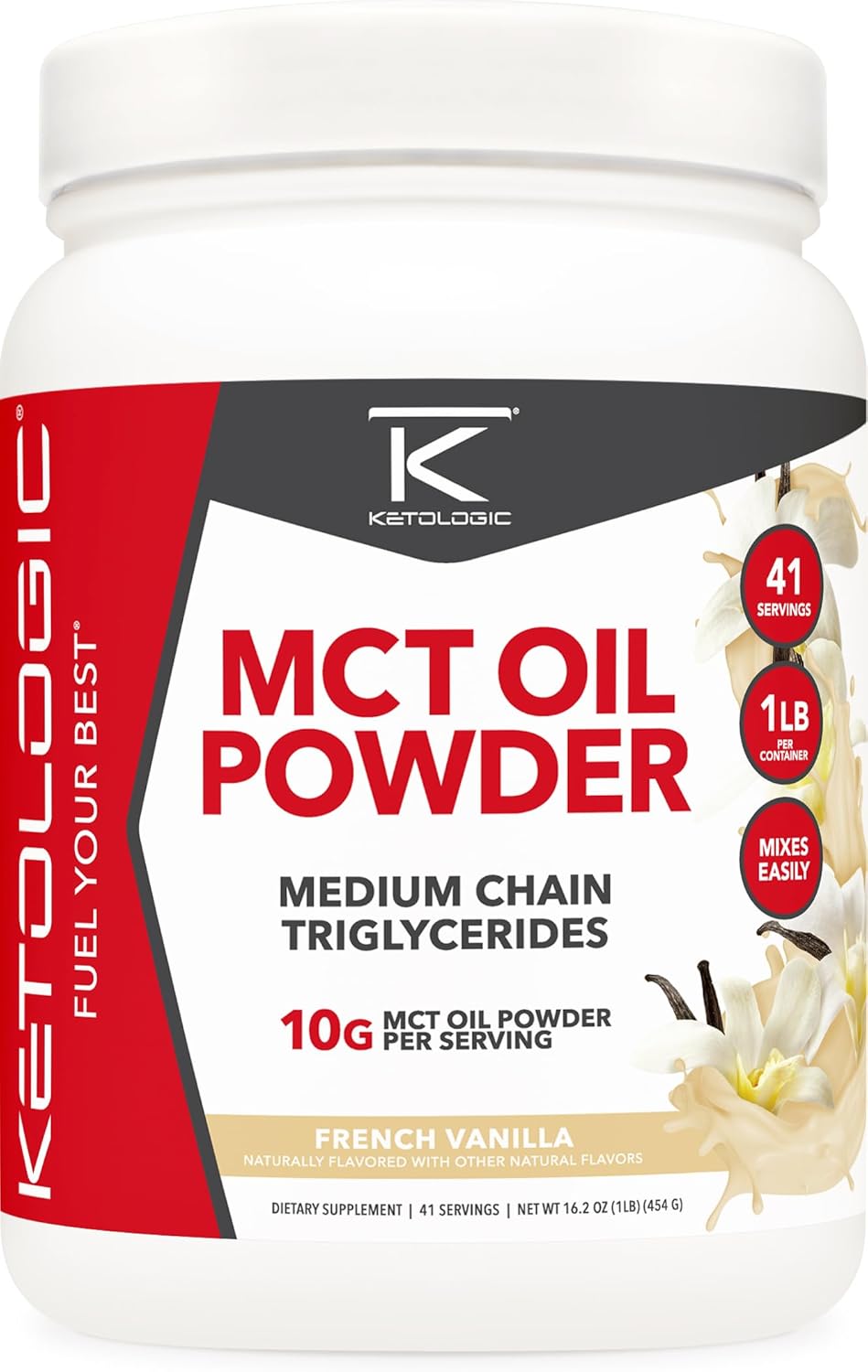 French Vanilla Ketologic MCT Oil Powder - 1 LB, 41 Servings, Medium Chain Triglycerides Supplement